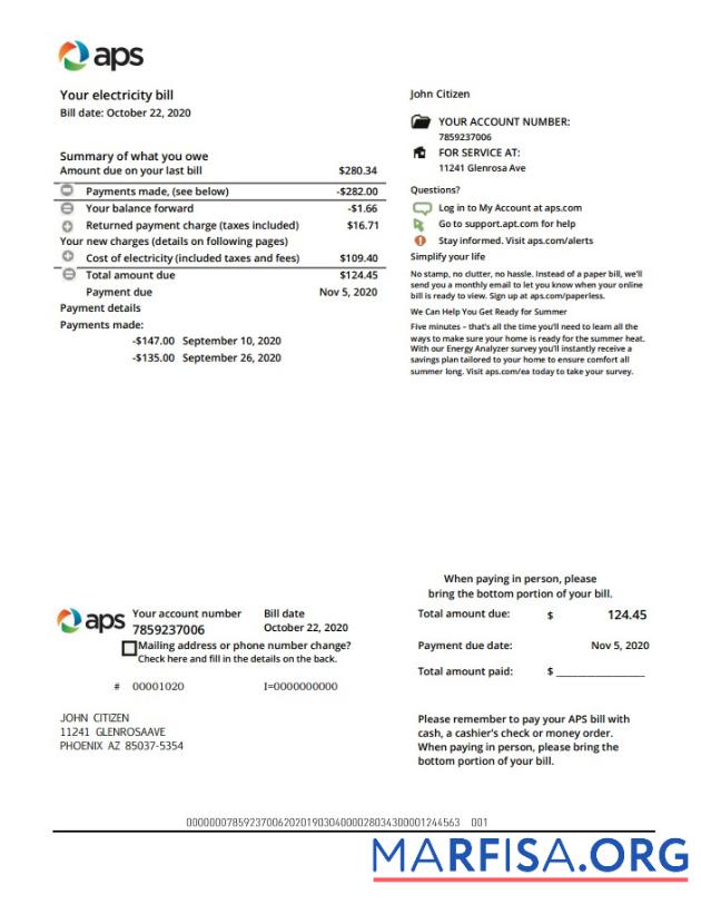 Printable USA Arizona APS electricity proof of address utility bill template in Word and PDF format